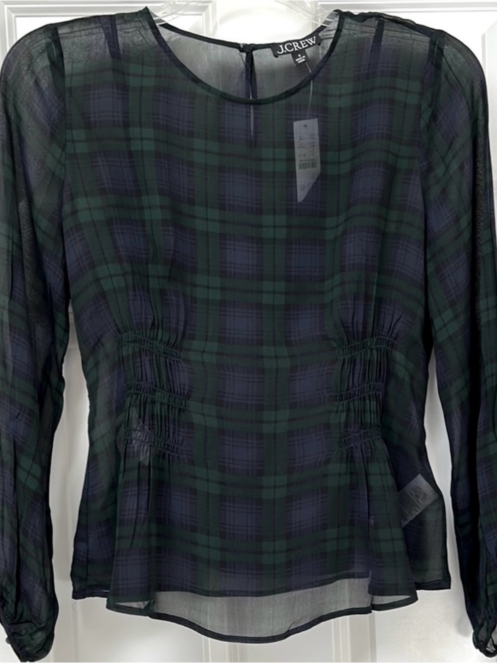 J.CREW NWT Chiffon shirred-waist top in Black Watch plaid